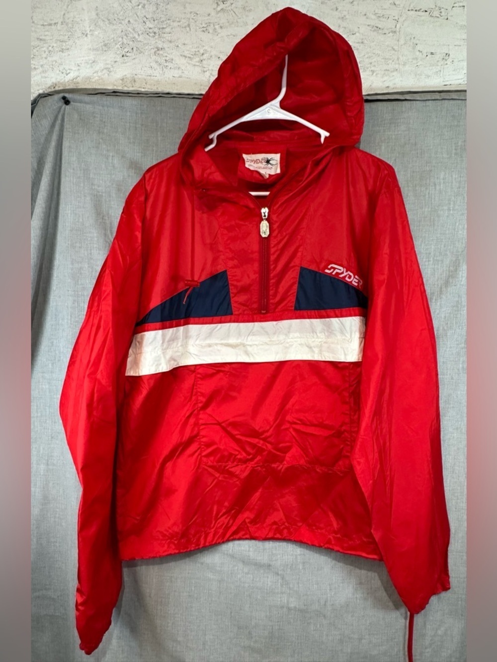 Vintage Spyder Red Hooded Wind breaker with Navy & White Stripe